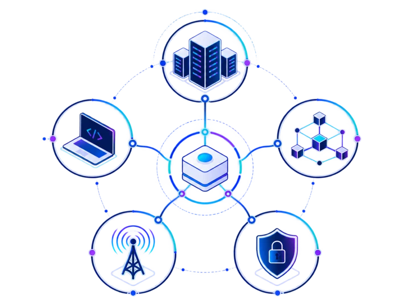 Graphic showing HOODEL’s five core ICT domains — software, data center, network, telecom and cybersecurity — connected to one central hub