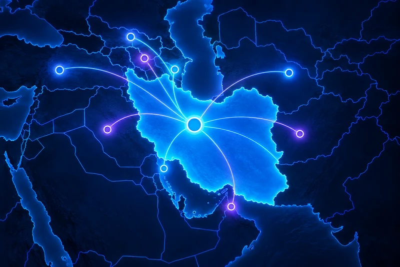 Regional network map centered on Iran, covering the Caucasus, Iraq, Türkiye and the Persian Gulf